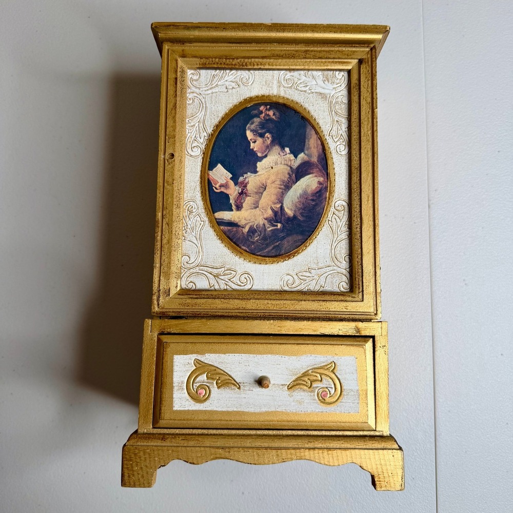 Vintage Toyo Japan Musical Jewelry Box Armoire Gold Wood Portrait 4 Drawer 12.5"